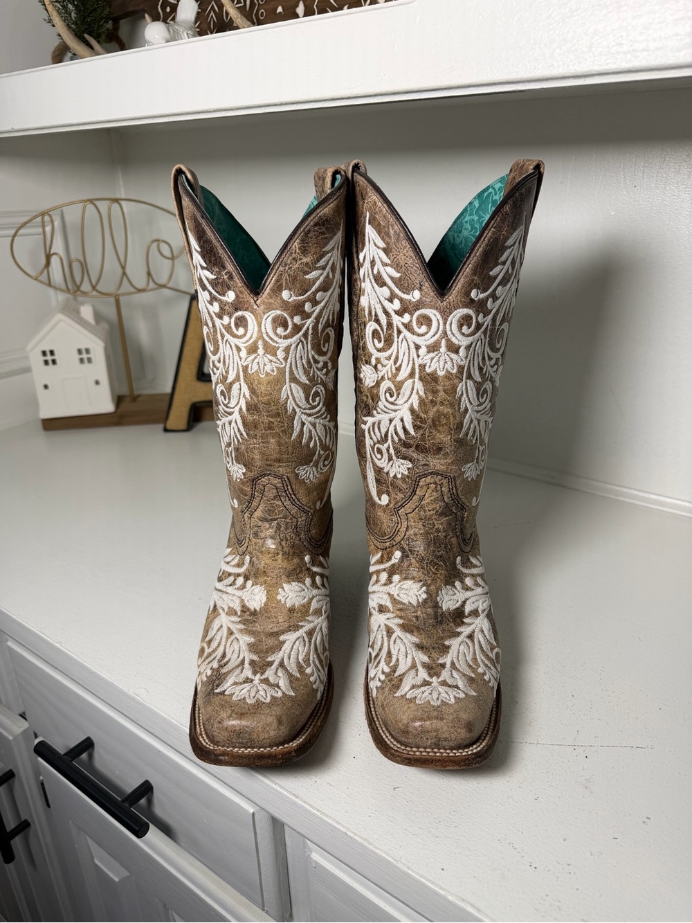 Corral Boots Womens 7.5M Brown White Embroidered Cowboy Boots Western Floral - Picture 2 of 9